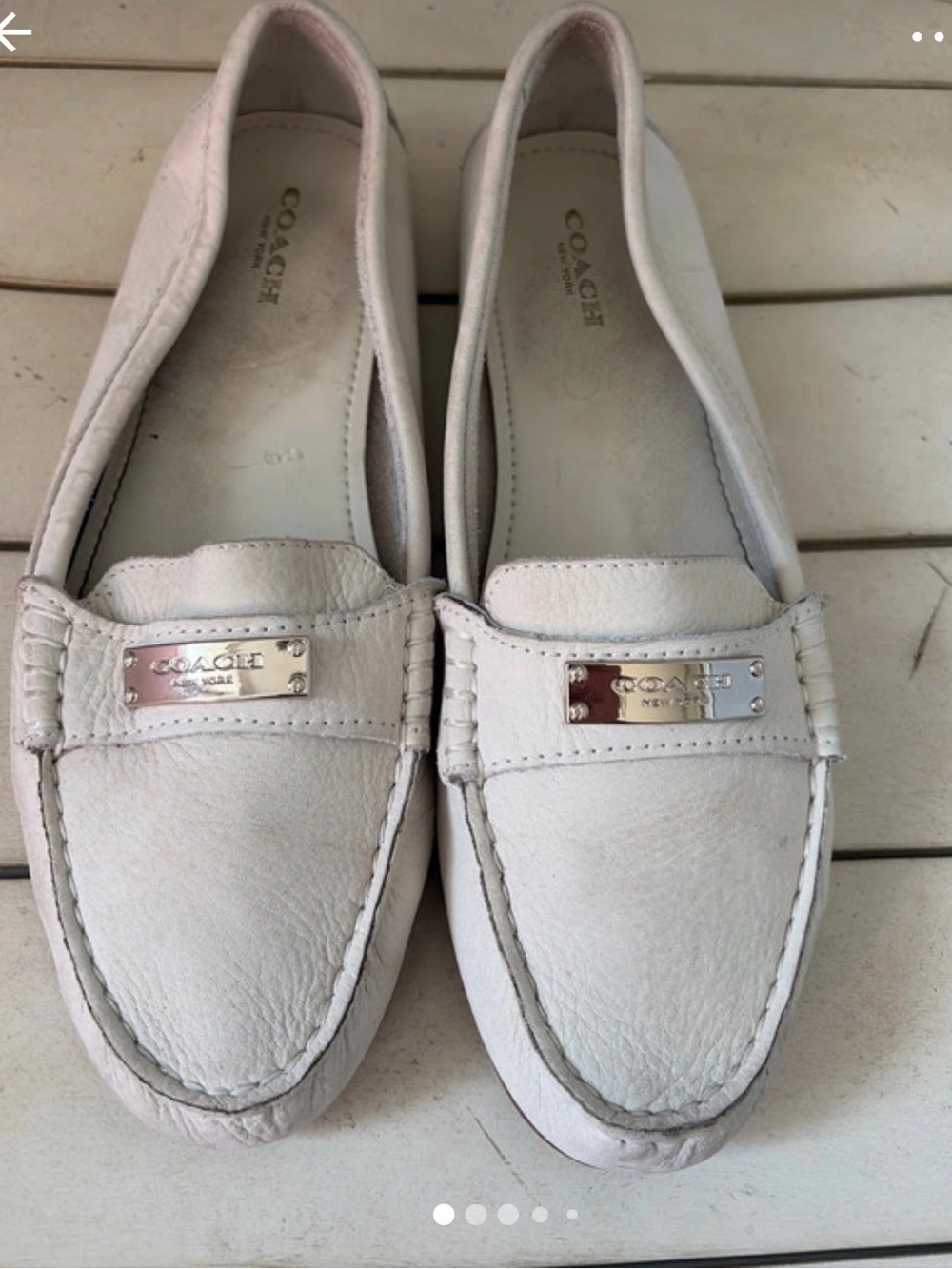 Coach White Leather Penny Loafers with Silver Logo Plaque